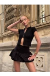 Polo Yaka Düğmeli Crop Bluz Siyah