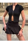 Polo Yaka Düğmeli Crop Bluz Siyah