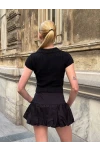 Polo Yaka Düğmeli Crop Bluz Siyah