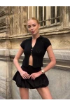 Polo Yaka Düğmeli Crop Bluz Siyah