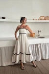 Şerit Detay Keten Elbise Bej