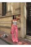 Yan Düğme Detay Salaş Palazzo Pantalon Pembe
