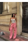 Yan Düğme Detay Salaş Palazzo Pantalon Pembe
